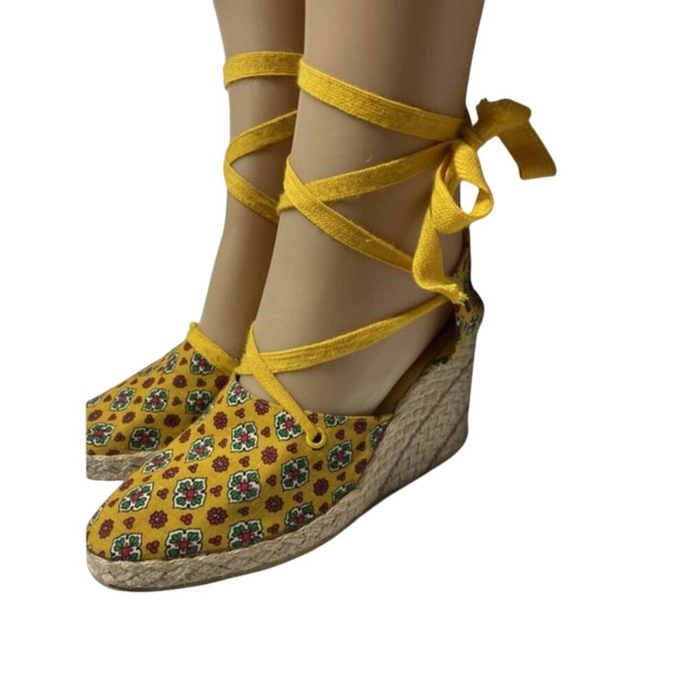 Vintage Manège Yellow Floral Print Lace Up Espadrille Wedge Made in France sz8